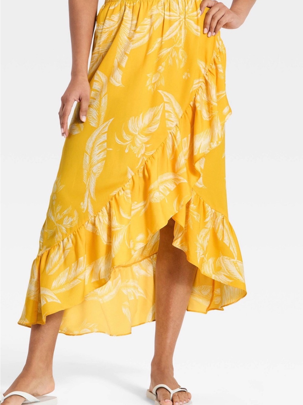 Yellow and White Floral High-Low Ruffle Maxi Skirt